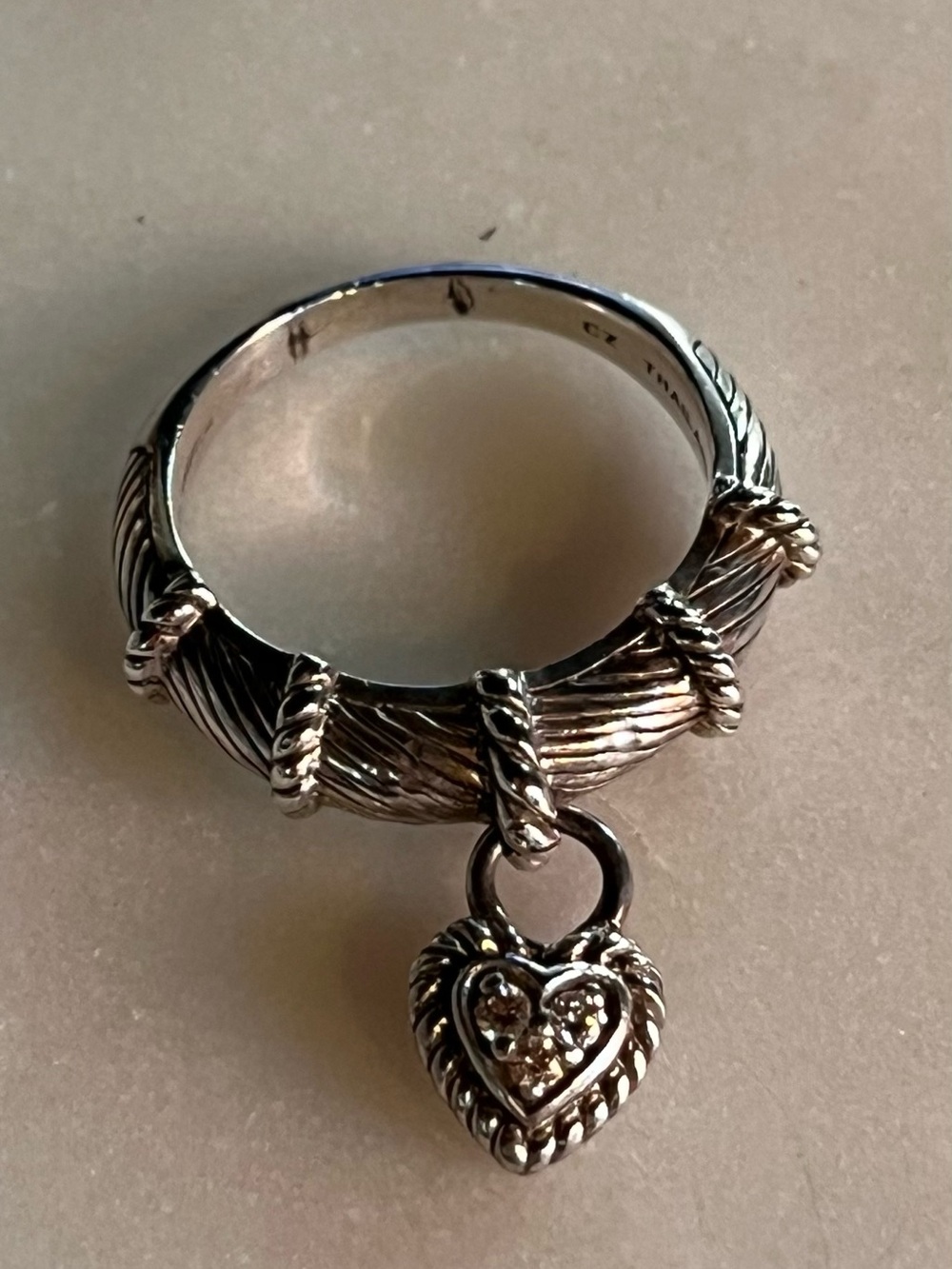 Judith Ripka Sterling Silver CZ Dangling Heart Charm Cable Ring Size 9.5